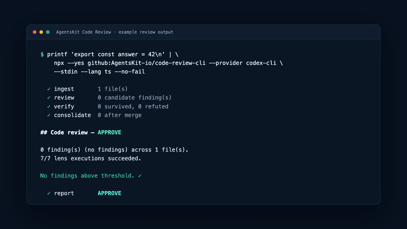 AgentsKit Code Review showing an APPROVE result after all configured review dimensions complete